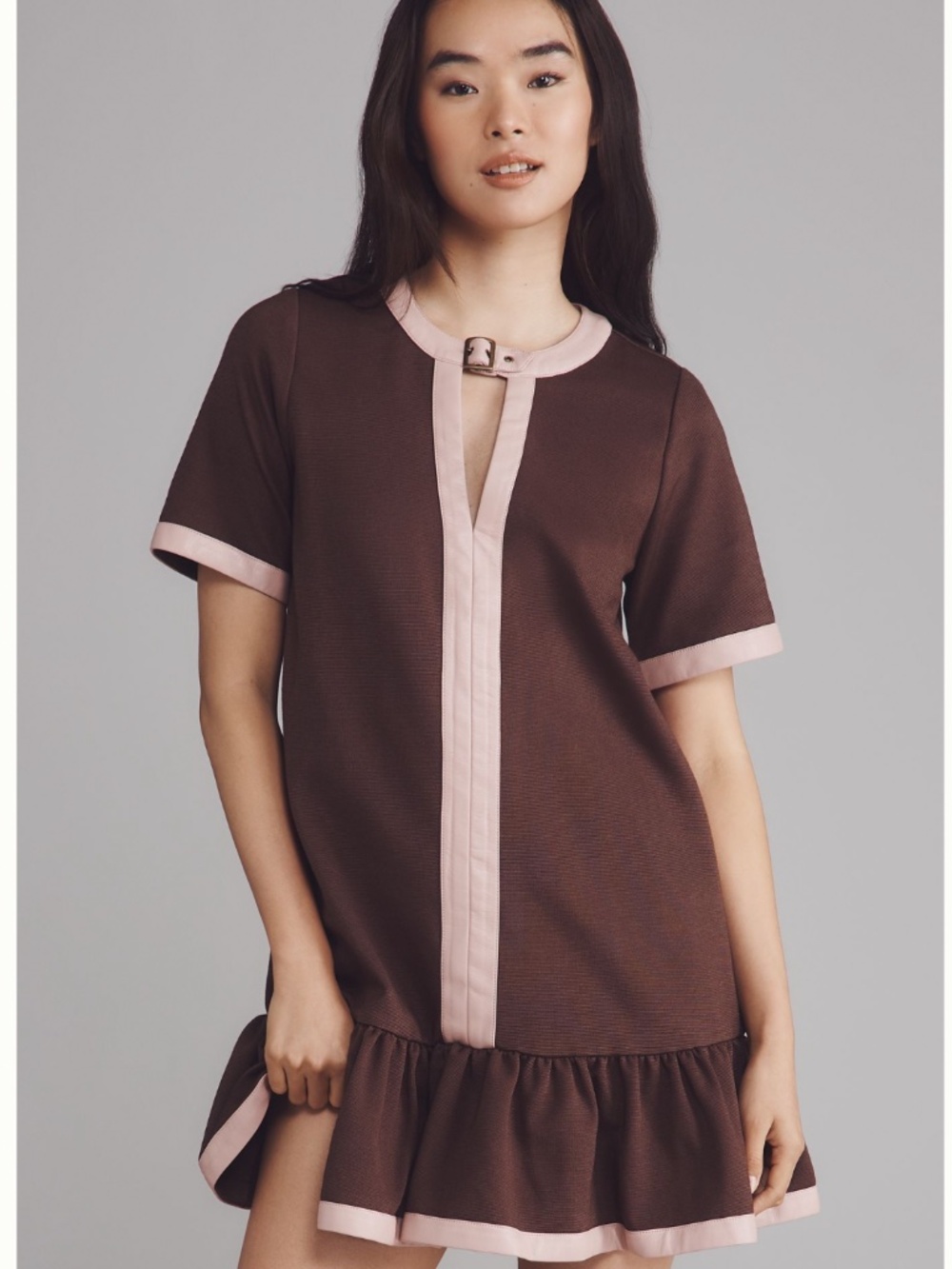 MWT Brown & Blush Pink Color-Block Faux Leather Trim Drop Waist Mini Dress (XSP)